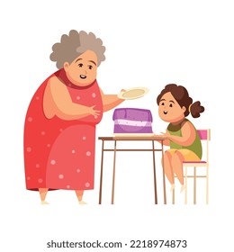Flat gluttony obsessive eating concept with overweight grandma and girl eating cake vector illustration