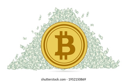 flat gold coin of electronic crypto currency bitcoin on the background of a huge mountain of heap of paper money banknotes. King of currencies