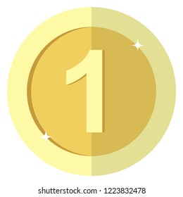 Flat gold coin One 1. First place Medal coin. Badge. 1 Point. Vector illustration isolated on white background. Editable elements and glare. Casino game. Rich. EPS 10