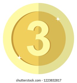 Flat gold coin Three 3. Third place Medal coin. Badge. 3 Points. Vector illustration isolated on white background. Editable elements and glare. Casino game. Rich. EPS 10