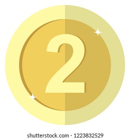 Flat gold coin Two 2. Second place Medal coin. Badge. 2 Points. Vector illustration isolated on white background. Editable elements and glare. Casino game. Rich. EPS 10