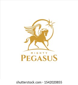 flat gold color winged horse for mascot logo design inspiration