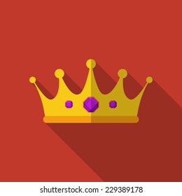 Flat gold crown with long shadow. Vector illustration, icon. Modern design