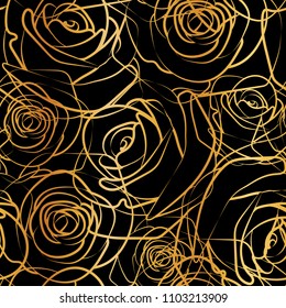 flat gold roses flower silhouette pattern , seamless repeatable texture wallpaper on black background