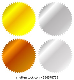 Flat gold, silver, bronze badge, award icons. Vector illustration.