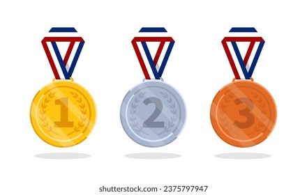 Flat gold, silver and bronze medal icon. 1st, 2nd, 3rd place award ribbon for winner. Trophy reward for competition. vector