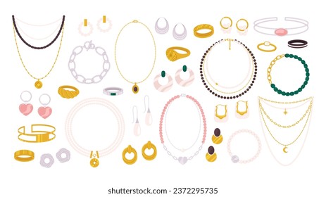 Flat gold silver jewelry collection. Ring and necklace, earrings with pearls and stones. Flat fashion female accessories racy vector clipart