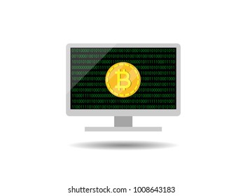 Flat golden bitcoin on digital binary code in monitor screen that floating from ground. Cryptocurrency concept.