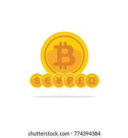 Flat golden bitcoins. Currency symbols of the world. Flat style trend modern simple logo graphic design isolated on white. Vector illustration.