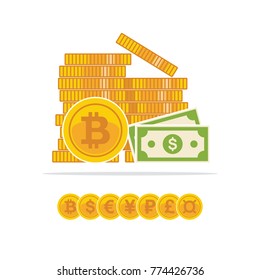 Flat golden bitcoins and dollar banknotes. Bitcoin and banknotes are standing in front of a stack of coins. Vector illustration