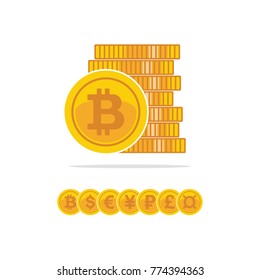Flat golden bitcoins. Stack of golden coin. Currency symbols of the world. Flat style trend modern simple logo graphic design isolated on white. Vector illustration.