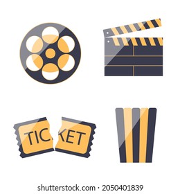 Flat golden cinema icons with clapboard, ticket, bucket and reel