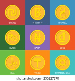 Flat Golden Coins. Currency Icons. Vector flat design