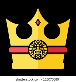 Flat Golden Crown Icon with Lion Emblem.