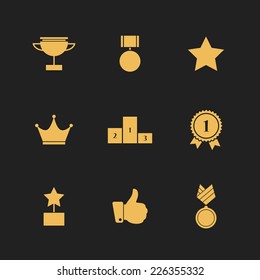 Flat golden icons set (9 pieces) - winning, prizes and awards. Isolated on black background. Vector illustration, eps 8.