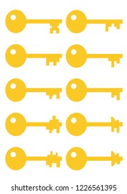 Flat golden keys, isolated vector illustration