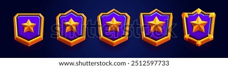 Flat golden set of game rank badge. Vector illustration of golden emblem decorated with stars and spikes. Badge of level game for victory, level emblem.