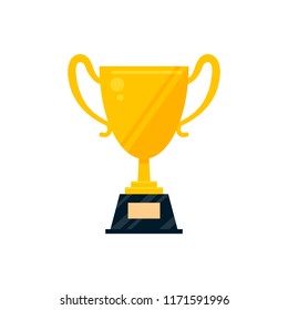 Flat golden trophy cup icon with nameplate isolated on white background. Aaward symbol, football or golf world championship, sport tournament. Golden chalice on pedestal - vector illustration