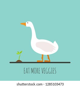 Flat goose with sprout. Flat goose icon. Eat more veggies. Vector illustration.