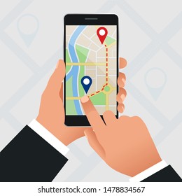 Flat GPS navigation in the phone with a red and blue pointers. GPS tracking map. Track navigation pins on street maps, navigate mapping technology and locate position pin. Flat GPS navigation in the phone with a red and blue pointers. GPS tracking map. Track navigation pins on street maps, navigate mapping technology and locate position pin.