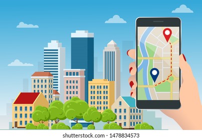 Flat GPS navigation in the phone with a red and blue pointers. GPS tracking map. Track navigation pins on street maps, navigate mapping technology and locate position pin.