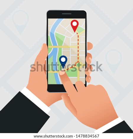 Flat GPS navigation in the phone with a red and blue pointers. GPS tracking map. Track navigation pins on street maps, navigate mapping technology and locate position pin.
