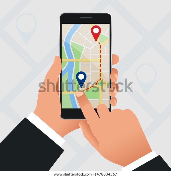 Flat GPS\
navigation in the phone with a red and blue pointers. GPS tracking\
map. Track navigation pins on street maps, navigate mapping\
technology and locate position\
pin.