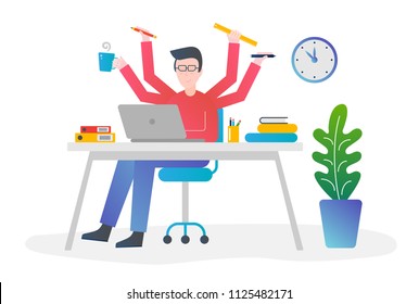 Flat Gradient Color Design Vector Concept Illustration. Office Man With Multitasking And Multi Skill. Male With Four Hands Holding Different Things For Time Managing.