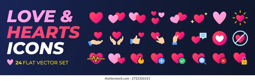 Flat gradient heart and love icon set for Valentines Day. Romantic, healthcare, charity and relationship vector symbols. Modern ui design elements for social media, mobile apps and web graphics.