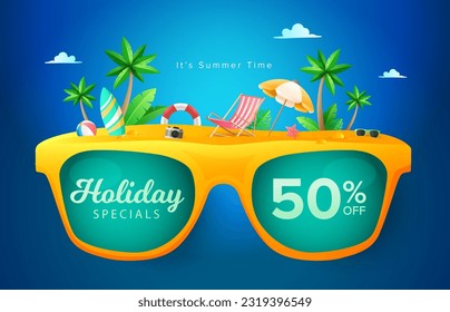 Flat gradient summer sale template. Composition of big yellow sun glasses with surfboard, ball, safety ring, deck chair, camera, starfish, beach umbrella, tropical plants. Summer holiday concept.