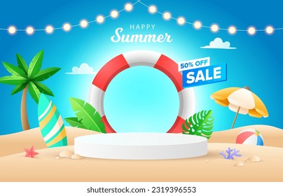 Flat gradient summer sale template. Composition of safety ring with beach umbrella, surfboard, ball, starfish, coral, tropical plant, round podium, light bulb at beach sand. Summer holiday concept.