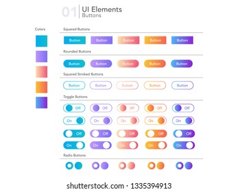 Flat gradient ui navigation buttons , button set, colorfull, rounded button, radio checkbox button ui material