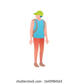 Flat gradient vector illustration of a male tourist. Traveller man with tourist backpack walks outdors at adventure trip. Full Length Of hiking athlete Man Standing On isolated White Background.