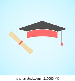 flat graduation cap and diploma, concept of education and knowledge. vector illustration