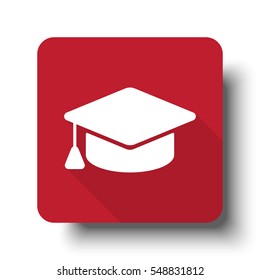 Flat Graduation Cap web icon on red button with drop shadow