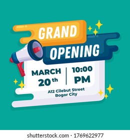 Flat Grand Opening Banner with Turquoise Background for Social Media with Toa Megaphone Speaker Template Vector