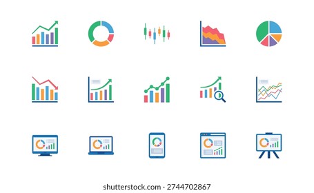 Flat graph and chart illustration in simple modern style with clean design. Business analytics concept perfect for finance reports, data presentation, marketing materials, dashboards, and management visuals.