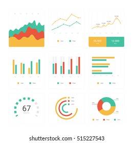 Flat Graph And Chart Vector Set. Colorful Modern Bar And Pie Infographic Concept. Business Templates For Presentation Results And Statistics. Abstract Technology Diagram. App Mobile Dashboard Screen