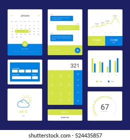 Flat graph and chart vector set. Colorful modern bar and pie infographic concept. Mobile chat, speech bubble. Calculator and daily calendar widget. Weather and Checkout. App mobile dashboard screen