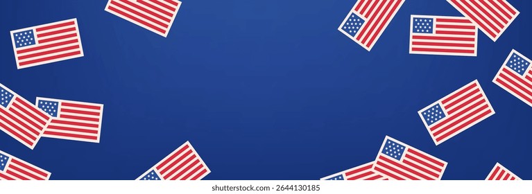 Flat graphic of American flags framing a blue gradient background with copy space, ideal for patriotic messages, social media posts, or Independence Day designs.
