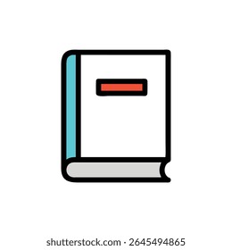 Flat graphic book icon on a stark White Background. Clean lines and minimal details convey education and knowledge.