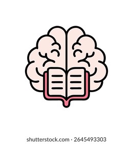 Flat graphic of a brain with an open book at the center. Light pink and black colors.