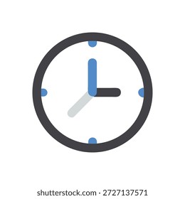 Ilustração do relógio gráfico plano em um plano de fundo branco mostrando o horário das oito horas. Estilo minimalista moderno com destaques azuis.