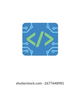 Um gráfico plano de um símbolo de codificação. Os sinais de menor que e maior que verdes estão dentro de um quadrado arredondado azul com um motivo de placa de circuito.
