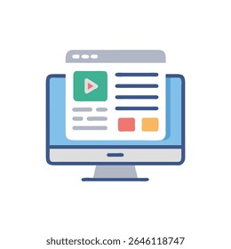 Um gráfico plano de um monitor de computador exibindo um player de vídeo e conteúdo de blog, contra um fundo branco.