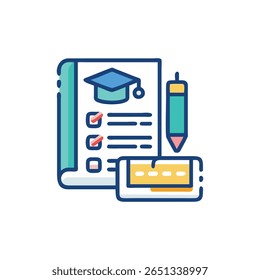 Gráfico plano que representa a educação e os dados por meio de uma lista de verificação, livro, lápis e ícones de dados. Um design nítido, moderno e colorido.