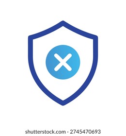 Flat graphic depicts a blue shield containing a cross symbol, representing security error or invalidation, in a minimalist style.