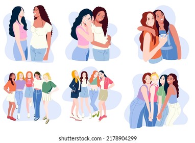 Flat graphic design of best friends having a good time together set. Diverse international group of teenage girl, girl friends, union of feminists, event celebration isolated on white background.