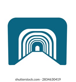 A flat graphic design icon depicting a stylized tunnel with receding arches in white against a solid dark blue square background