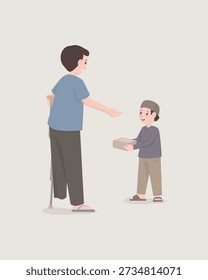 Una ilustración de Diseño gráfico plano de un niño dando una caja de comida a un hombre discapacitado usando un bastón. Proporcionar comida gratis es a menudo una actividad especial en ocasiones especiales, especialmente el Viernes Santo, el mes de Ramadán, etc.